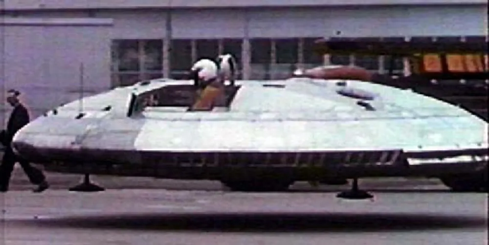 Experimental disk-shaped aircraft "Avrocar" undergoing hovering tests, 1950s.